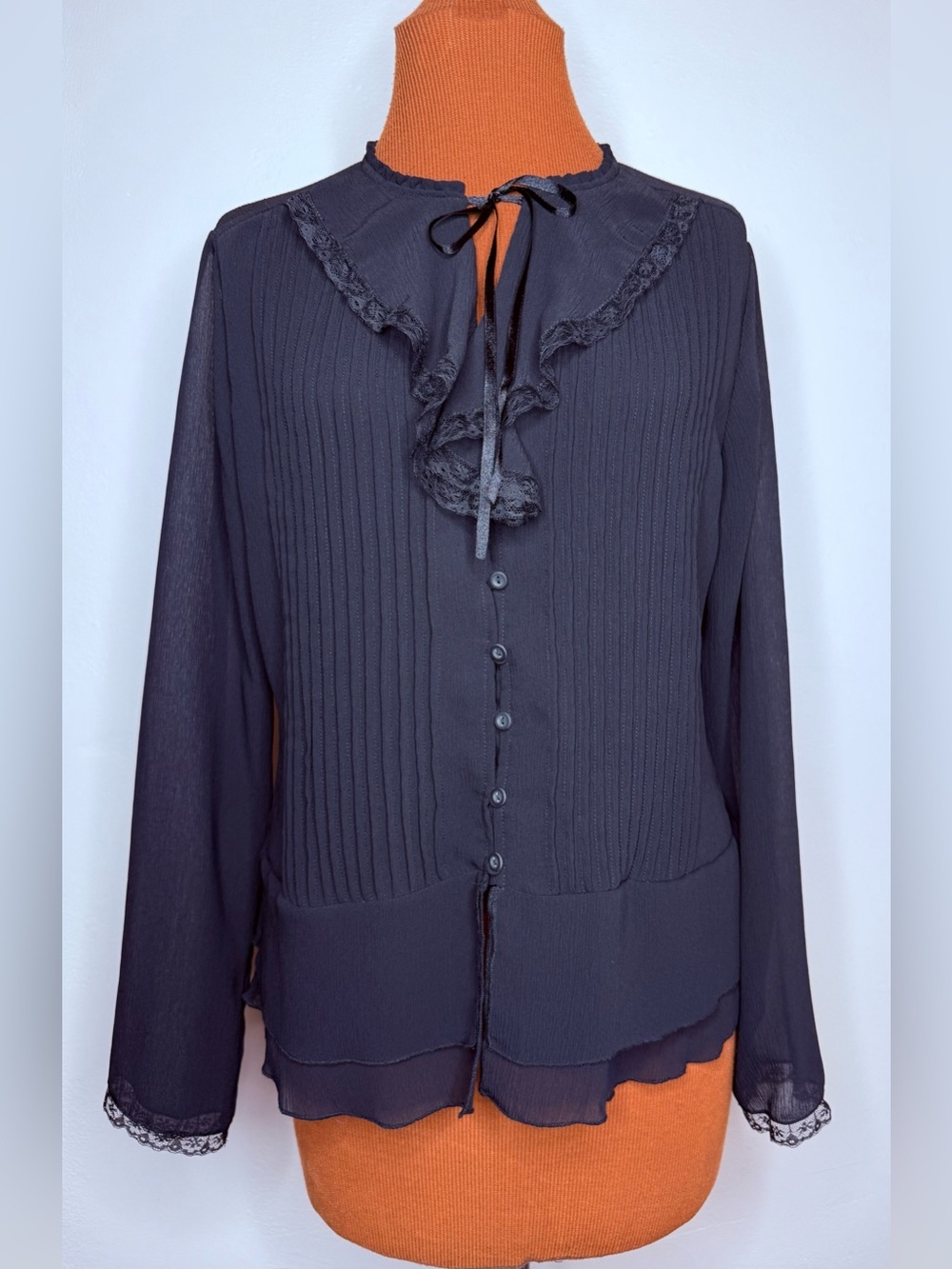Oleg Cassini Black Ruffle Tie-Neck Blouse Lace Trim Sleeve Size Large